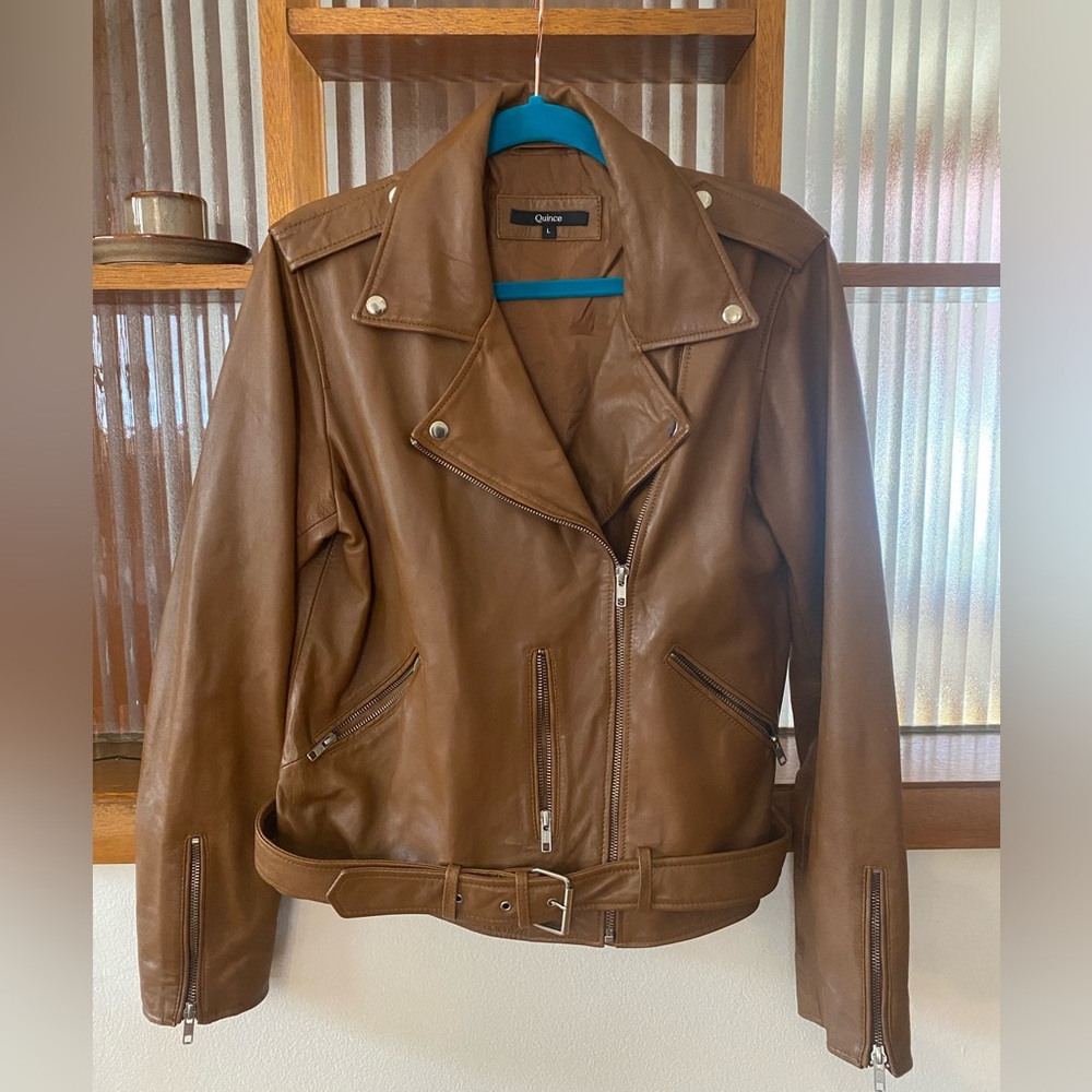Quince Leather Moto Jacket, Cognac, size L Like New